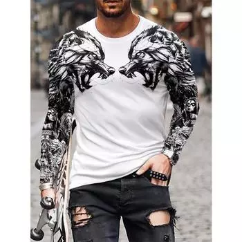2024 Новый мужской топ с принтом волка на осень и зиму Повседневная мужская футболка с длинными рукавами Уличная мода Мужской топ с длинными рукавами S