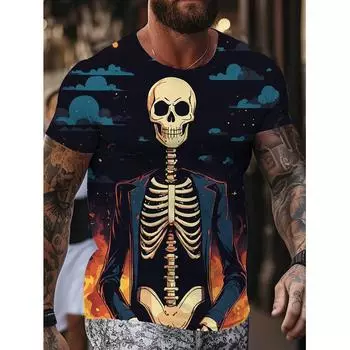 2024 Новый мужской забавный костюм с рисунком черепа, футболка с коротким рукавом и принтом черепа, летняя повседневная свободная футболка с круглым вырезом, дышащий топ XS