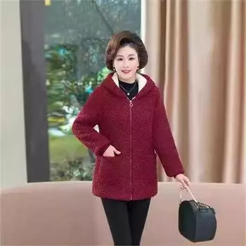 2024 новый наряд для мам из овечьей шерсти с хлопковой подкладкой, средняя и длинная бархатная утолщенная универсальная женская куртка из иностранной овечьей шерсти S бордовый