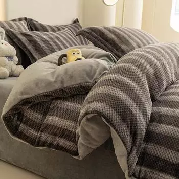 2024 Новый односпальный пододеяльник из молочного бархата в полоску с трехмерным принтом, толстый теплый пододеяльник, постельное белье для осени и зимы 180x220 Only 2 pillowcases