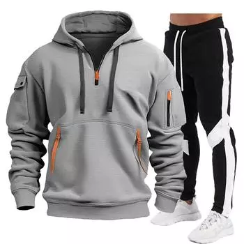 2024 Новый Осень/Зима Мужской Повседневный Мульти Молния Карманы На Рукаве Толстовка Splice Штаны Пуловер Большой Комплект Толстовка S