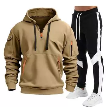 2024 Новый Осень/Зима Мужской Повседневный Мульти Молния Карманы На Рукаве Толстовка Splice Штаны Пуловер Большой Комплект Толстовка S