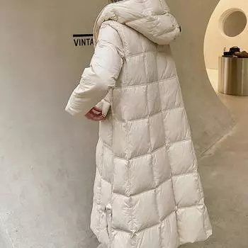 2024 новый осенне-зимний корейский пуховик женский длинный удлиненный до колена утолщенный с капюшоном 90% белый утиный пуховик прилив S чёрный