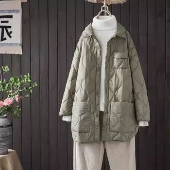 2024 новый осенне-зимний легкий пуховик женский средний и длинный маленький белый утиный пух легкая куртка-рубашка M зелёный