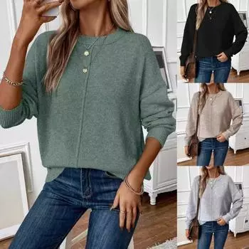 2024 новый осенне-зимний новый популярный свободный модный однотонный вязаный свитер с круглым вырезом S мятный зеленый