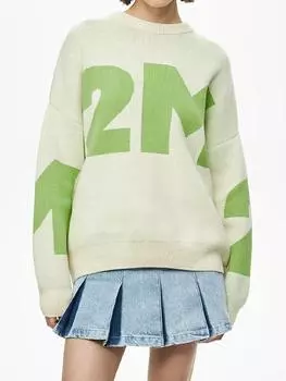 2024 Новый осенне-зимний вязаный пуловер с буквенным принтом, женский повседневный свободный свитер с длинными рукавами, женская мода, уличный джемпер S зелёный