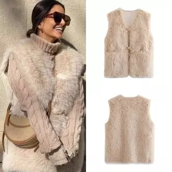 2024 Новый осенне-зимний женский жилет из искусственного меха Y2K, модный универсальный однотонный жилет, куртка XS хаки