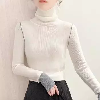 2024 Новый осенний вязаный пуловер с высоким воротом, свитер с манжетами, подходящий к длинным рукавам, тонкий повседневный базовый топ, низ, шорты, женская одежда 2578 One Size темно-синий