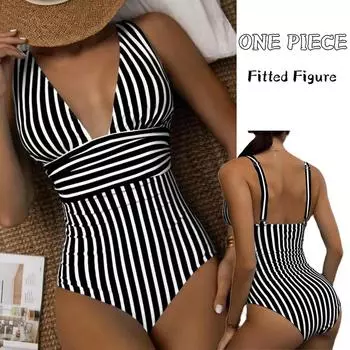 2024 Новый Полосатый Цельный Купальник Винтажный Купальник Женский Купальный Костюм V-образным Вырезом Женский Летний Пляжный Костюм Боди L чёрный