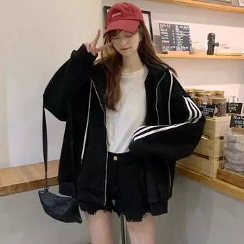 2024 новый полосатый свитер с капюшоном женская свободная утолщенная бархатная куртка на молнии M красный