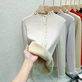 2024 Новый полуводолазка из утолщенного бархата, зимний женский свитер с длинным рукавом, повседневный вязаный свитер с загнутыми краями и пуговицами 1900 S чёрный