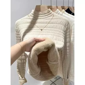 2024 Новый полуводолазный трикотажный пуловер флисовый свитер для женщин осень и зима нижняя рубашка топы повседневная одежда с длинным рукавом 1880 One Size хаки