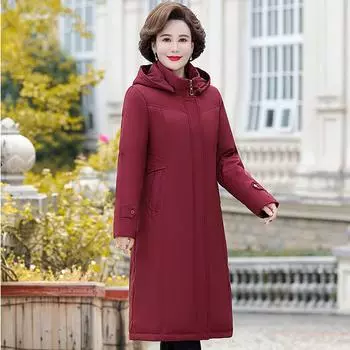 2024 новый повседневный пуховик для мам, женская удлиненная утепленная зимняя одежда для пожилых людей выше колена, зимняя одежда больших размеров XL (90-59 kg) красный