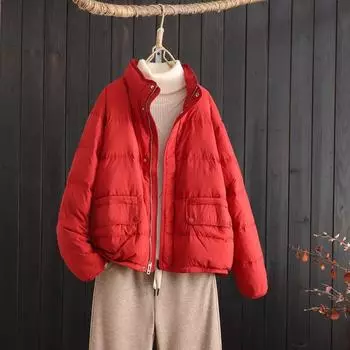 2024 новый повседневный ретро короткий пуховик с воротником-стойкой женский белый утиный пух однотонный маленький теплый утолщенный пиджак S хаки