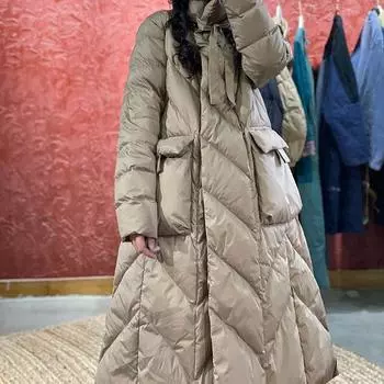 2024 новый пуховик А-образной формы с воротником-стойкой, на шнуровке, с широким подолом, теплая зимняя одежда из белого утиного пуха M хаки