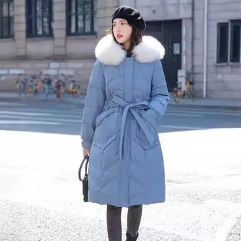2024 новый пуховик с капюшоном и большим меховым воротником, женский, длинный, модный, с поясом на талии и тонким, корейской версии, утолщенное пальто S90-60 kg розовый