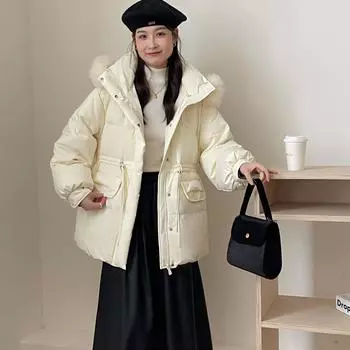 2024 новый пуховик с меховым воротником женский средний и длинный утолщенный капюшон с талией тонкое свободное пальто S 90-60 kg