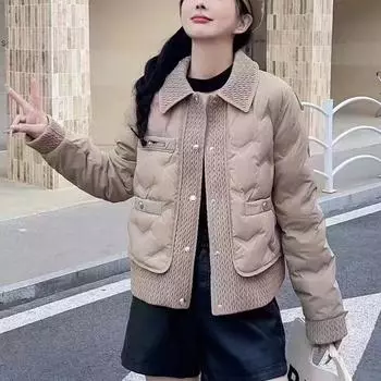 2024 Новый пуховик с отложным воротником женский зимний короткий модный белый утиный пух большого размера S чёрный