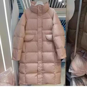 2024 новый пуховик средней и длинной длины до колена, женский свободный модный утолщенный белый утиный пух, большое стеганое зимнее пальто S розовый
