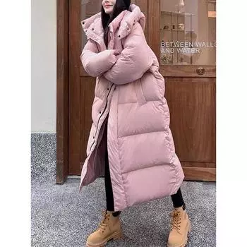 2024 новый пуховик выше колена большой стеганый пуховик корейской версии длинный утолщенный белый пуховик женский S (90-65kg)