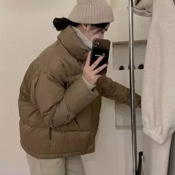 2024 новый пуховик женский корейская версия свободный утолщенный теплый белый утиный пух воротник стойка куртка короткая зимняя куртка S чёрный