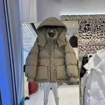 2024 Новый пуховик женский короткий с капюшоном маленький модный свободный утолщенный белый утиный пух теплая куртка S 42.5kg-60kg