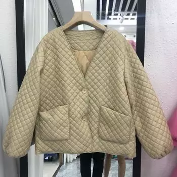 2024 новый пуховик женский легкий белый утиный пух модный теплый с v-образным вырезом ромб свободный короткий осенне-зимнее пальто S чёрный