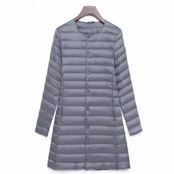 2024 новый пуховик женский легкий, средний и длинный модный корейский вариант тонкого белого утиного пуха с застежкой-кнопкой и круглым вырезом, теплая куртка M фиолетовый