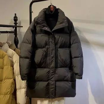 2024 Новый пуховик женский средней и длинной длины утолщенный модный свободный воротник-стойка белый пуховик утиный пух европейский тренд зимней одежды M армия зеленый