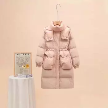 2024 Новый пуховик женский средней и длинной длины с капюшоном и утолщенной талией, облегающий, теплый, универсальный, зимняя куртка Tide S wear 90---120 чёрный