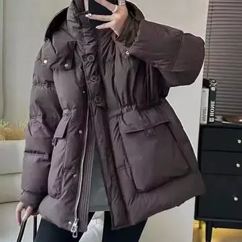 2024 новый пуховик женский средний и длинный с капюшоном утолщенный белый утиный пух зимнее модное свободное пальто S recommends 90-60kg wear бежевый