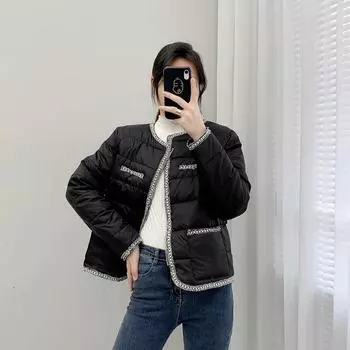 2024 Новый пуховик Зимний иностранный стиль Маленький ароматный стиль Женский короткий женский без воротника Темперамент Тонкий тренд пальто S белый