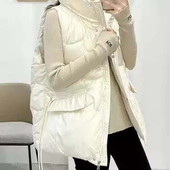 2024 новый пуховый хлопковый жилет женский короткий воротник-стойка маленькая модная одежда без рукавов жилет куртка прилив M белый