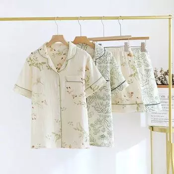 2025 японский новый летний женский пижамный комплект из 100% хлопкового крепа с короткими рукавами, шорты, две части, милая японская домашняя ярость, дамы M