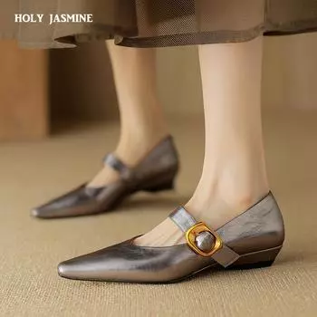 2024 Новый размер 34-40 INS Бренд Женские балетки Туфли-лодочки из мягкой натуральной кожи Туфли-лодочки для женщин Свадебные туфли с Т-образным ремешком на каблуке 34 темно серый