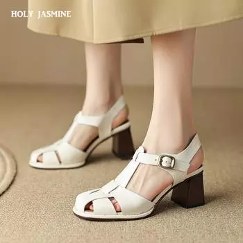 2024 Новый размер 34-43 пряжка натуральная кожа ретро сандалии женские толстые высокие каблуки сандалии лидер продаж женская обувь на высоком каблуке летняя обувь 34 коричневый