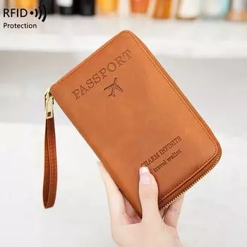 2024 Новый RFID Длинный зажим для паспорта Хранение билетов Удостоверение личности Сумка Многофункциональная Дорожная Сумка для паспорта на молнии коричневый