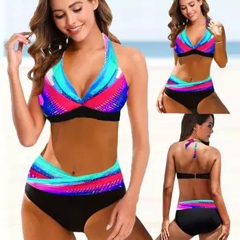 2024 Новый сексуальный бикини с высокой талией, купальник с лямкой на шее, женский купальник, женский комплект бикини с принтом, большой размер, купальный костюм, летний бикини