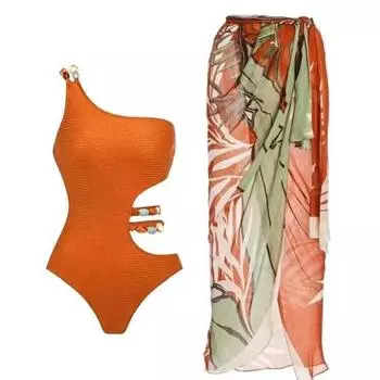 2024 Новый сексуальный карамельный комплект бикини на одно плечо, купальник с поясом из бисера и асимметричной накидкой, купальник, пляжный купальный костюм S