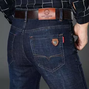 2024 Новый сезон, удобные, эластичные, свободные джинсы, мужские, с высокой талией, прямые брюки, длинные брюки, щедрые и простые мужские брюки 28 темно-синий