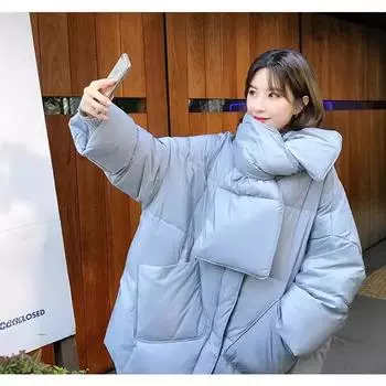 2024 новый шарф пуховик женский средний и длинный рукав семь четвертей корейская версия свободный литературный и простой модный большой размер пальто average size светло-синий