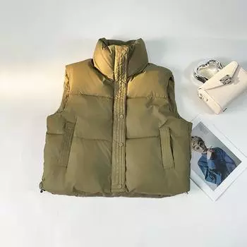 2024 новый случайный свободный жилет из овчины с воротником-стойкой без рукавов из хлопка для женщин S чёрный