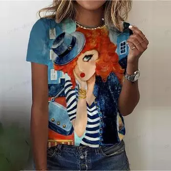 2024 новый стиль, абстрактная футболка для женской одежды, новогодний подарок, косплей, с круглым вырезом, с коротким рукавом, женская футболка с 3D принтом, уличная одежда S