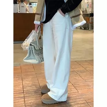 2024 Новый стиль больших размеров женские свободные хлопковые широкие джинсовые брюки: Универсальные облегающие прямые брюки Drape 3XL (160-180 jin) белый