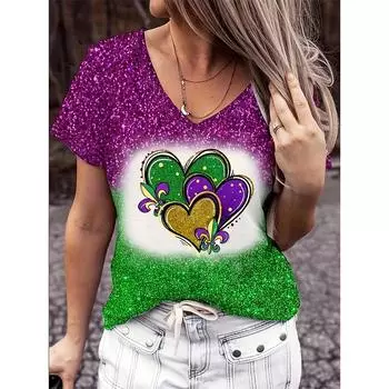 2024 Новый стиль футболки для женщин блузка с принтом сердца футболка свободного покроя летняя женская одежда с коротким рукавом мода V-образный вырез S