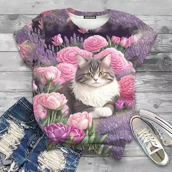 2024 Новый стиль футболки для женщин с милым принтом кота, женские футболки, футболка большого размера, летняя женская одежда с коротким рукавом, мода S