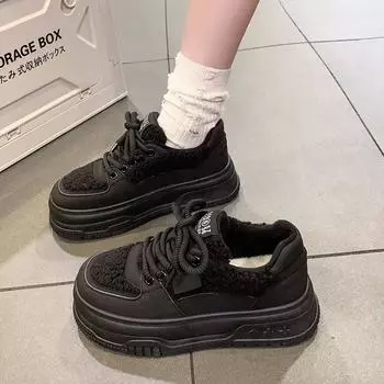 2024 Новый стиль Плюс Бархатные теплые модные и универсальные низкие кроссовки для женщин Простая удобная и повседневная женская обувь 35 чёрный