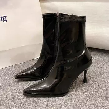 2024 Новый стиль сексуальные женские лакированные кожаные сапоги с острым носком короткие ботильоны на тонком высоком каблуке легкие и стильные 35 чёрный