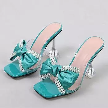 2024 Новый стиль синие женские тапочки сандалии модные жемчужные банты высокие каблуки ПВХ прозрачные туфли летние розовые мюли туфли-лодочки 34 зелёный