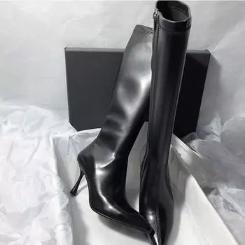 2024 Новый стиль Тонкий Высокий каблук Женские сапоги Острый носок Женские высокие сапоги Труба Длинные сапоги Молния Mujer Однотонные Сексуальные Botas Mujer 35 бежевый